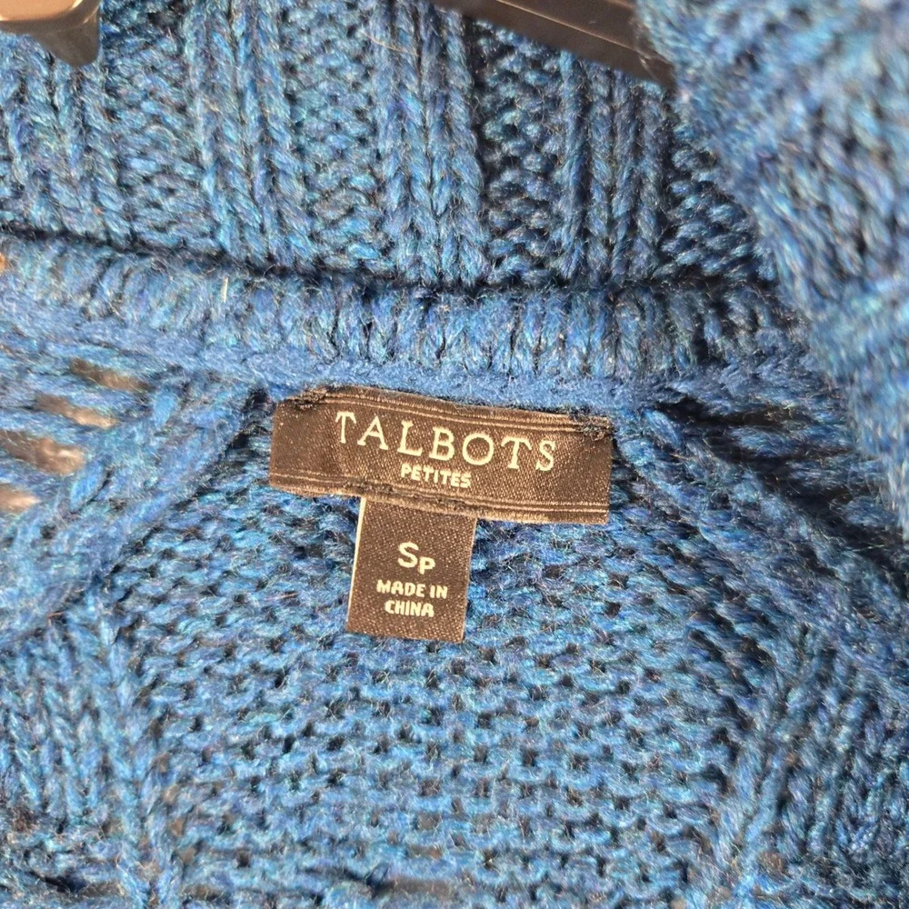 Talbots Petites Teal Blue Cable Knit Open Front Cardigan Sweater Wool Blend SP